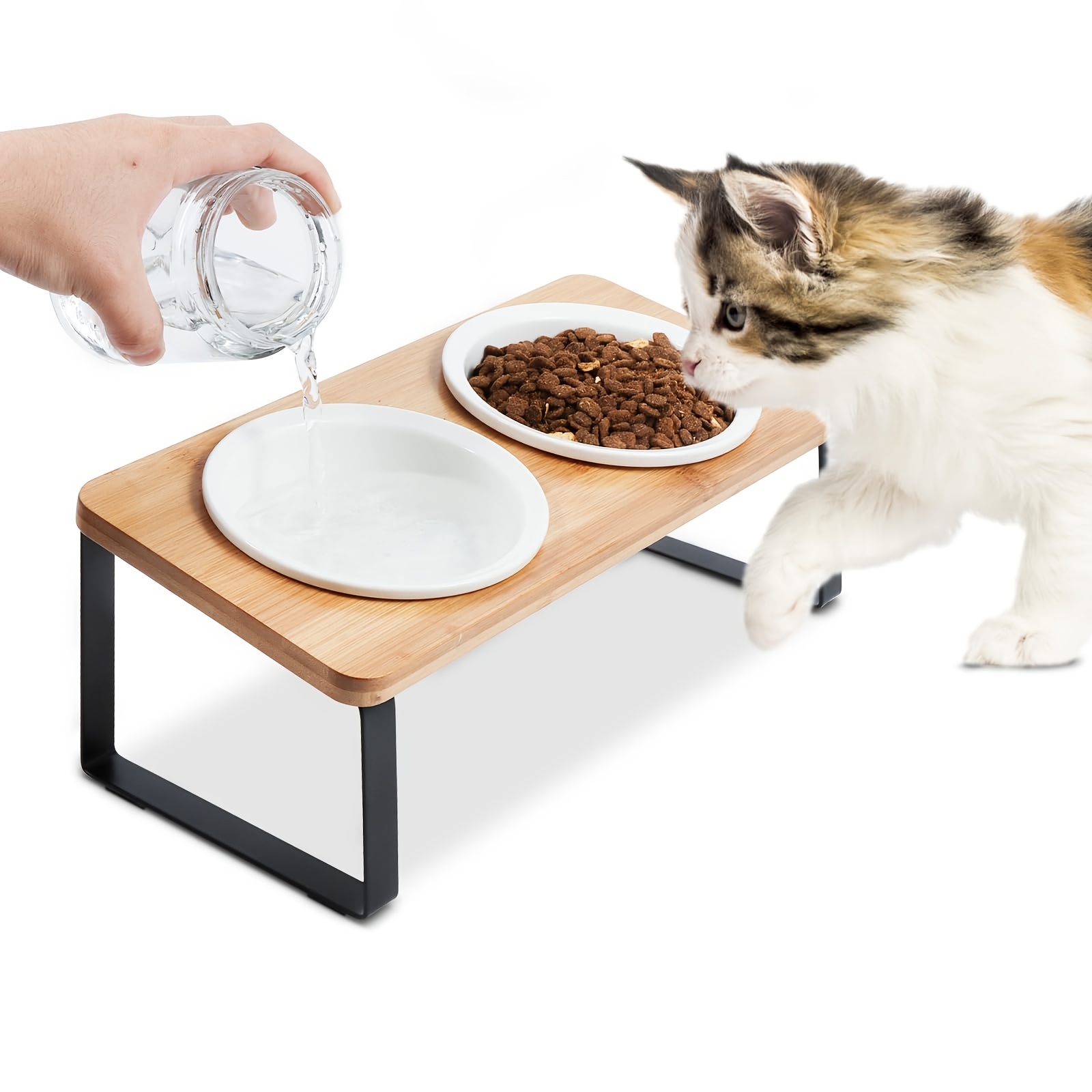 Image of Elevated Raised Cat Ceramic Bowls, 2 Pack 15° Tilted Orthopedic Kitty Feeding Dishes With Bamboo & Metal Stand, Pet Food Water Bowl Set For Cats & Puppies
