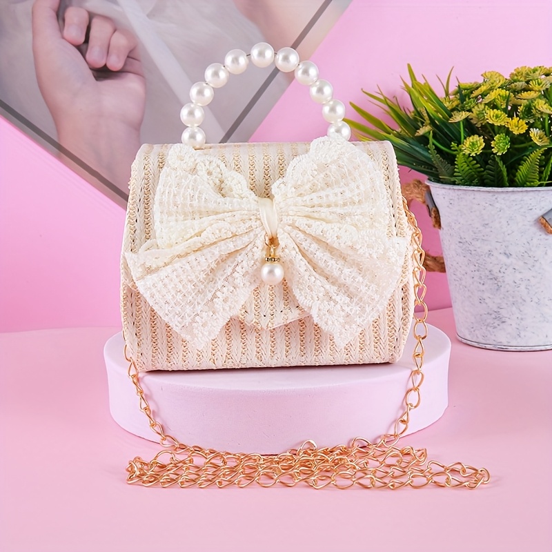 Image of Beaded Handbag, Straw Material With Pendant Beads And Bow Decoration, Chain Shoulder Crossbody Bag, Snack And Coin Purse, Suitable For Daily Summer Use