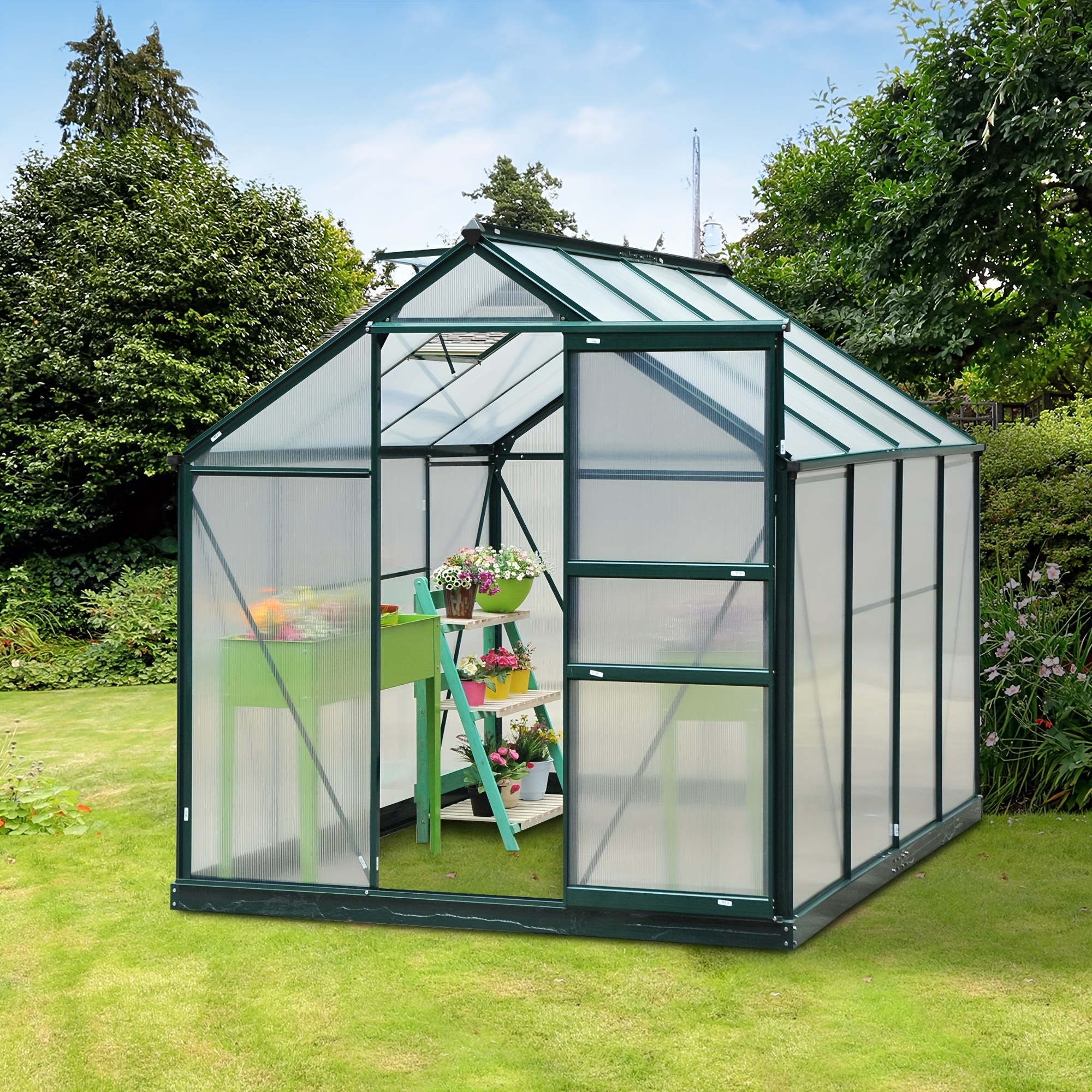 

Outsunny 6' X 8' X 6.5' Polycarbonate Greenhouse, Heavy Duty Outdoor Aluminum Walk-in Green House Kit With Rain Gutter, Vent And Door For Backyard Garden, Dark Green