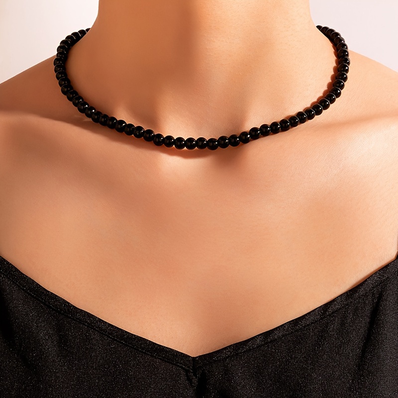 

1pc Collier Ras du Cou de de Mode en Résine de Style Vintage Foncé avec Perles de Riz Noires pour Femmes, Cadeau de Banquet