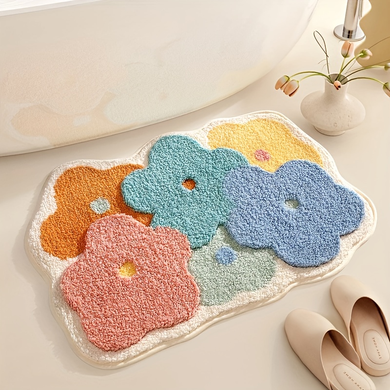 colorful flower shaped non slip bathroom mat soft absorbent durable polyester blend floor mat with vibrant orange   and green petal designs ideal for shower and bathroom use bathroom mat decorative floor mat soft texture mat bathroom mat decor Product details 0