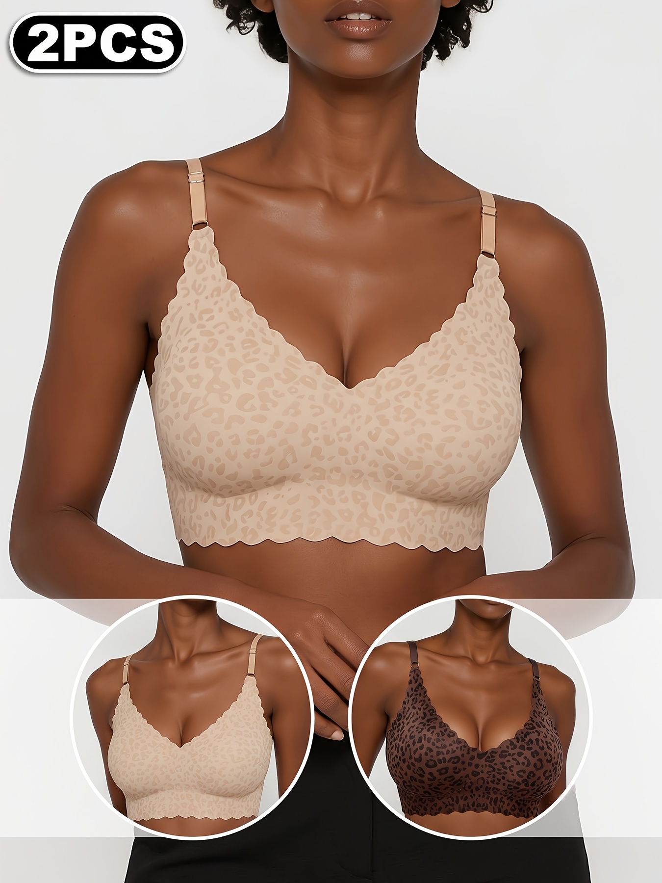 2pcs Women's Seamless Wire-Free Bra Set, Elegant Leopard Print