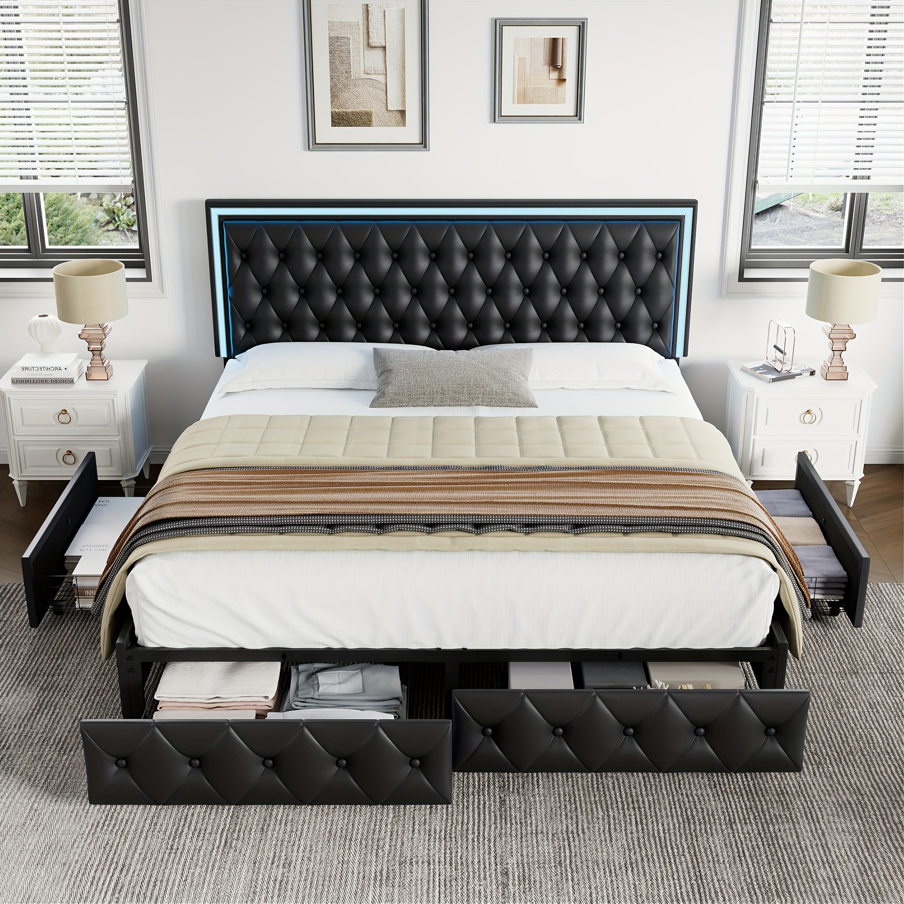 TEMU Upholstered // Led Bed Frame Adjuatable And 4 Drawers, Bed Frame , Needed, /pu /pu