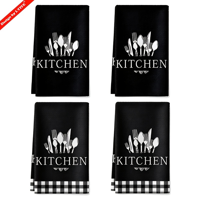 Image of 4pcs Set Of Funny Kitchen Towels With Design In Black Color, 16x24in Microfiber Dishcloths, Hand Towels, Soft & Absorbent, Perfect For Christmas, Housewarming, Holidays Decor & Home, Supplies