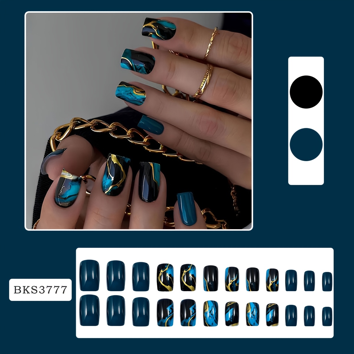 TEMU 24pcs Teal & Black Marble Short Square Shape Press-on Nails With