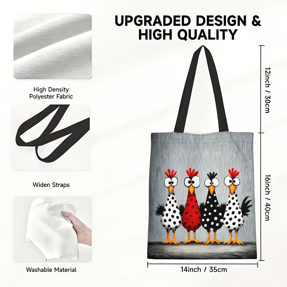 TEMU 1pc Printed Tote Bag, Whimsical Cartoon Polka-dot Chickens Print On Gray Textured Backdrop, Large Capacity, Suitable For Travel Combinations, A