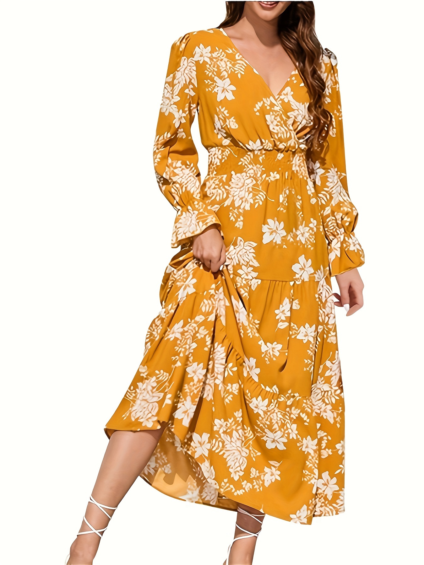elegant mustard yellow floral midi dress hem v neck - Temu