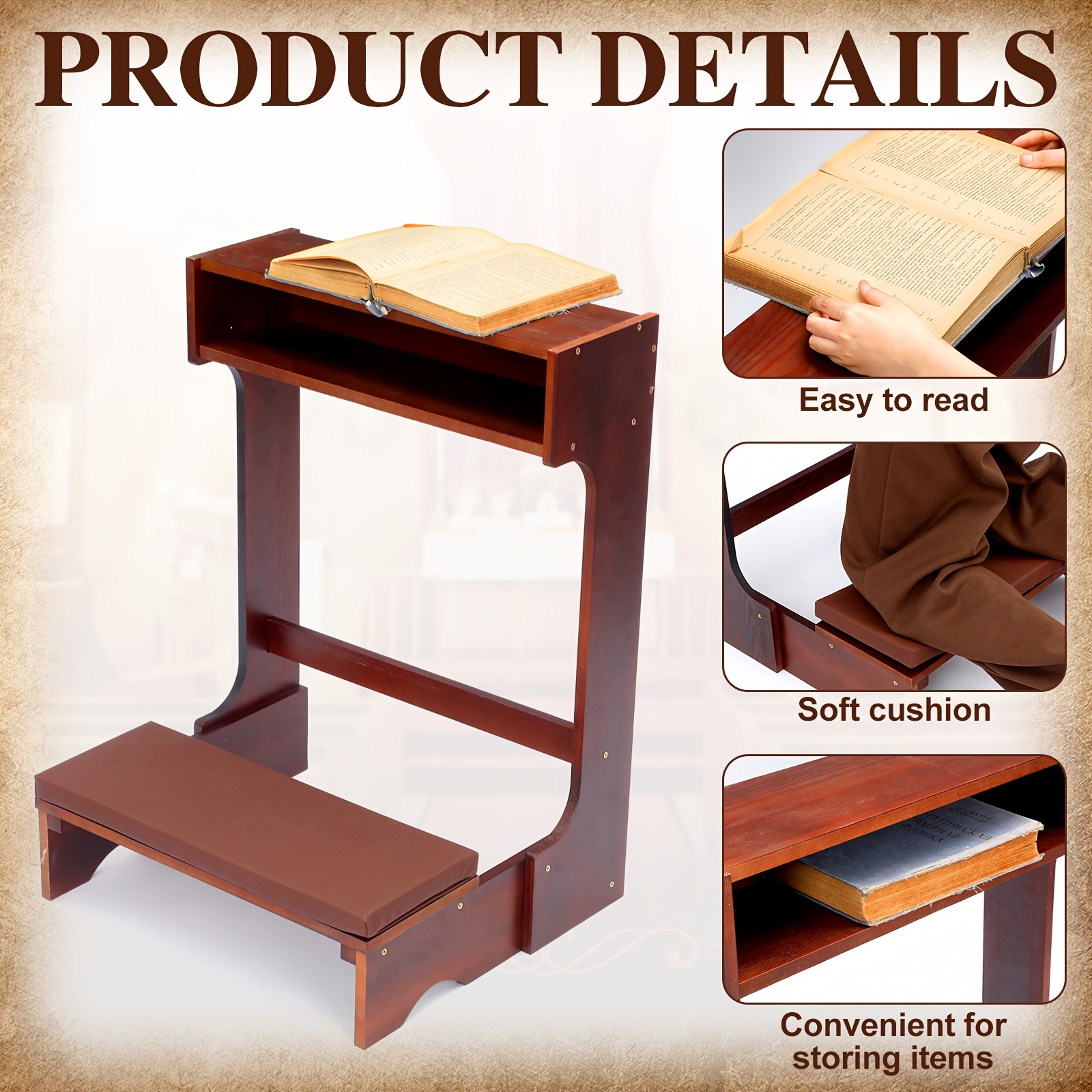 A Sturdy Wooden Prayer Stool Featuring a Shelf And Cushion, Ideal for Church Use Or Home Kneeling. This Padded Kneeler Measures 23 by 20 by 31 Inches And Makes a Thoughtful Religious Gift