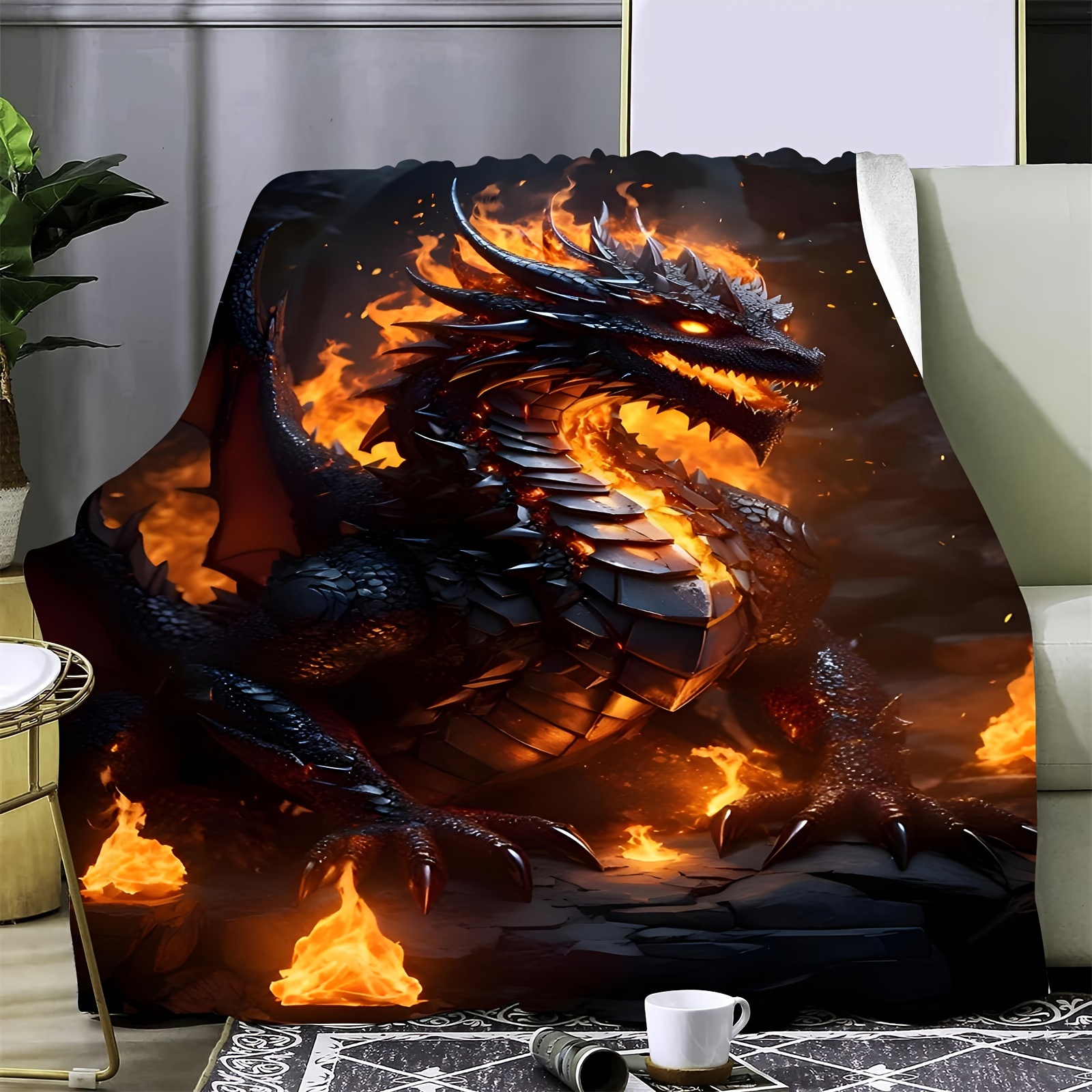 

Bohemian Style Dragon Print Flannel Throw Blanket - All-season Soft Cozy For Sofa & Bedroom, Multipurpose Digital Hd Printed Anime Theme Polyester Blanket With Fire Dragon Design