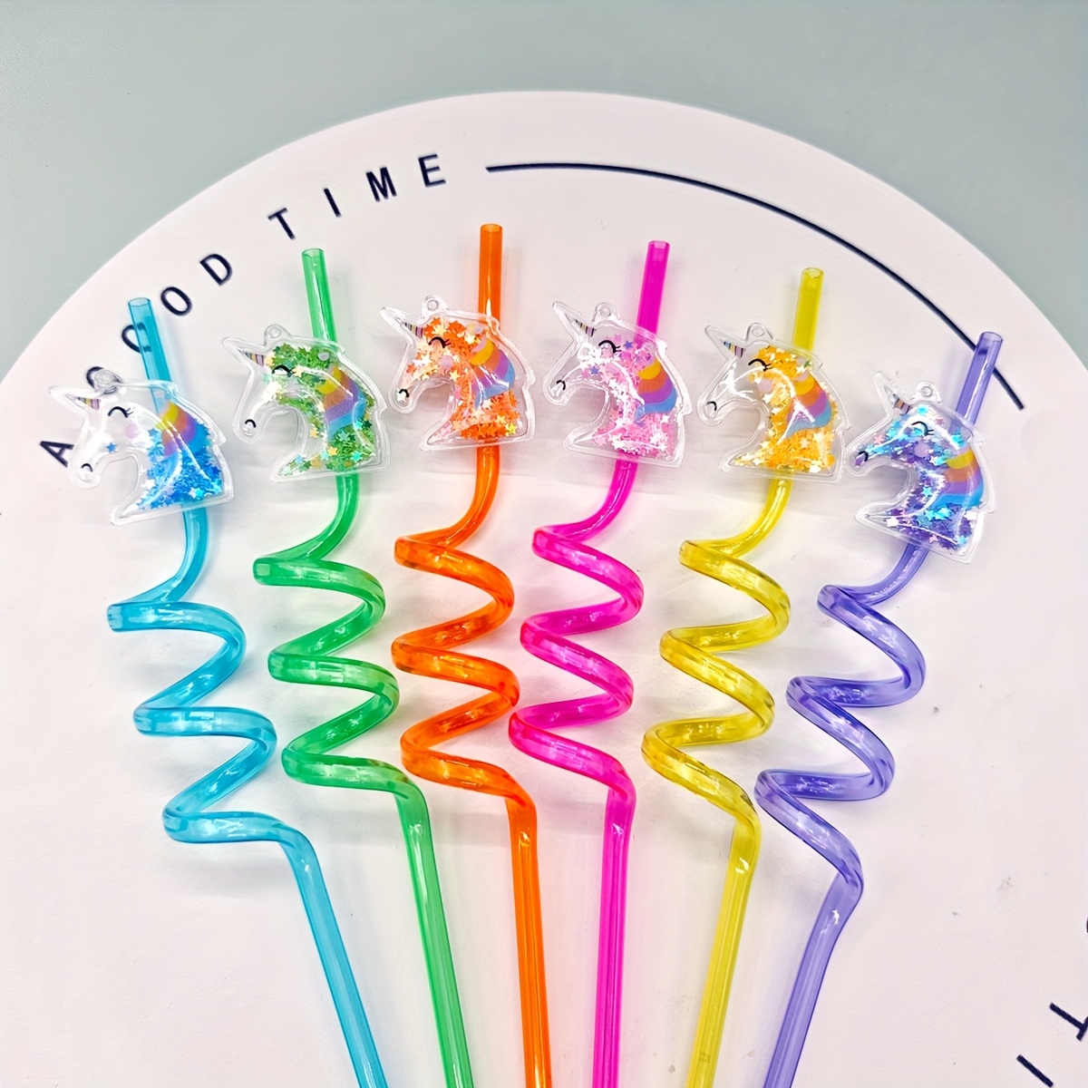 

6pcs Glitter Unicorn Spiral Straws, Reusable Plastic Drinking Straws, Food-safe Twisted Straws, For Parties, Weddings, Festivals, Beach, Kitchen, And Bar - Unicorn Themed Party Supplies