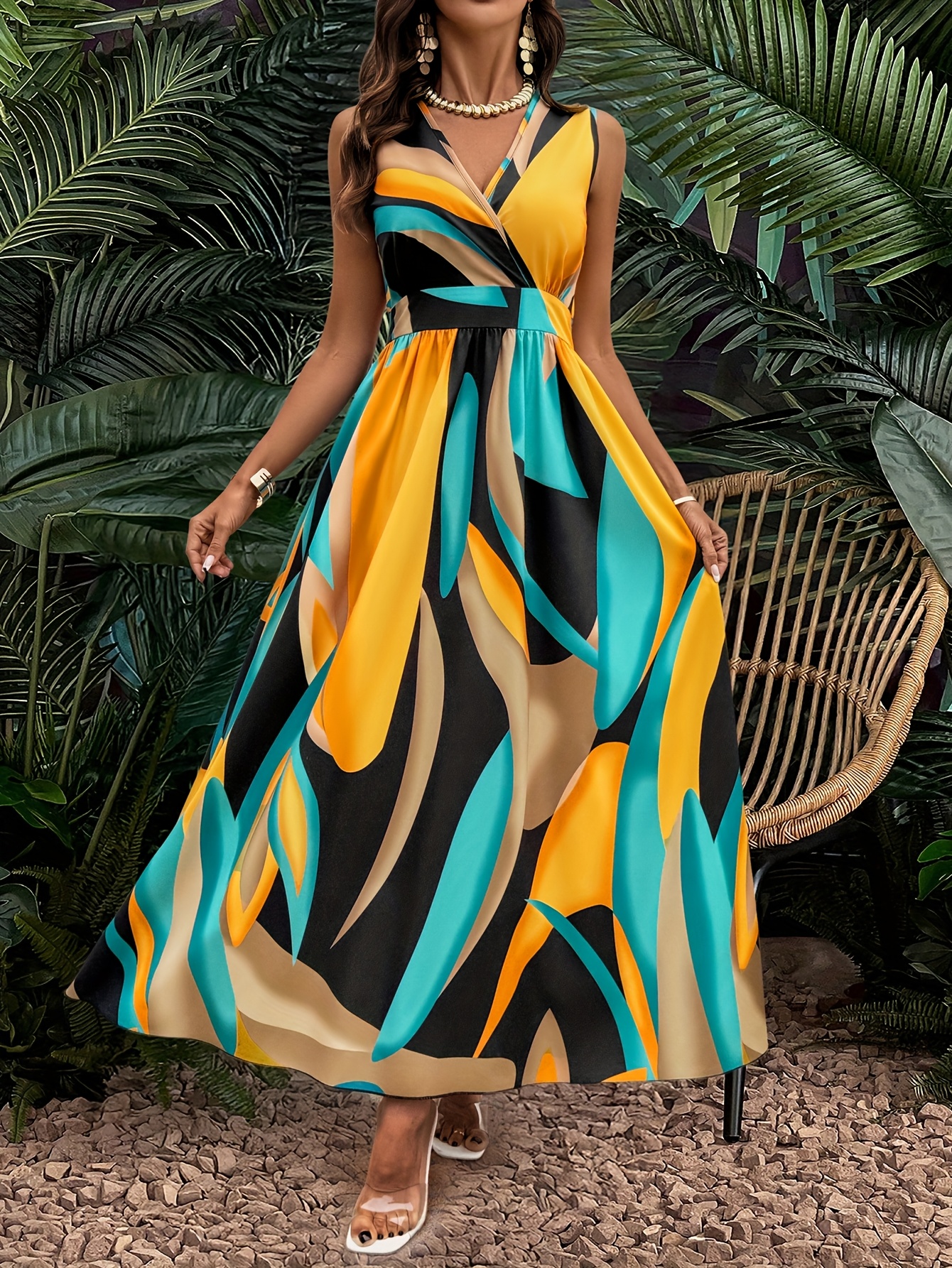 2025 summer women's vintage contrast-color sleeveless v-neck maxi dress,  unique print deduces elegant style - women's clothing - Temu