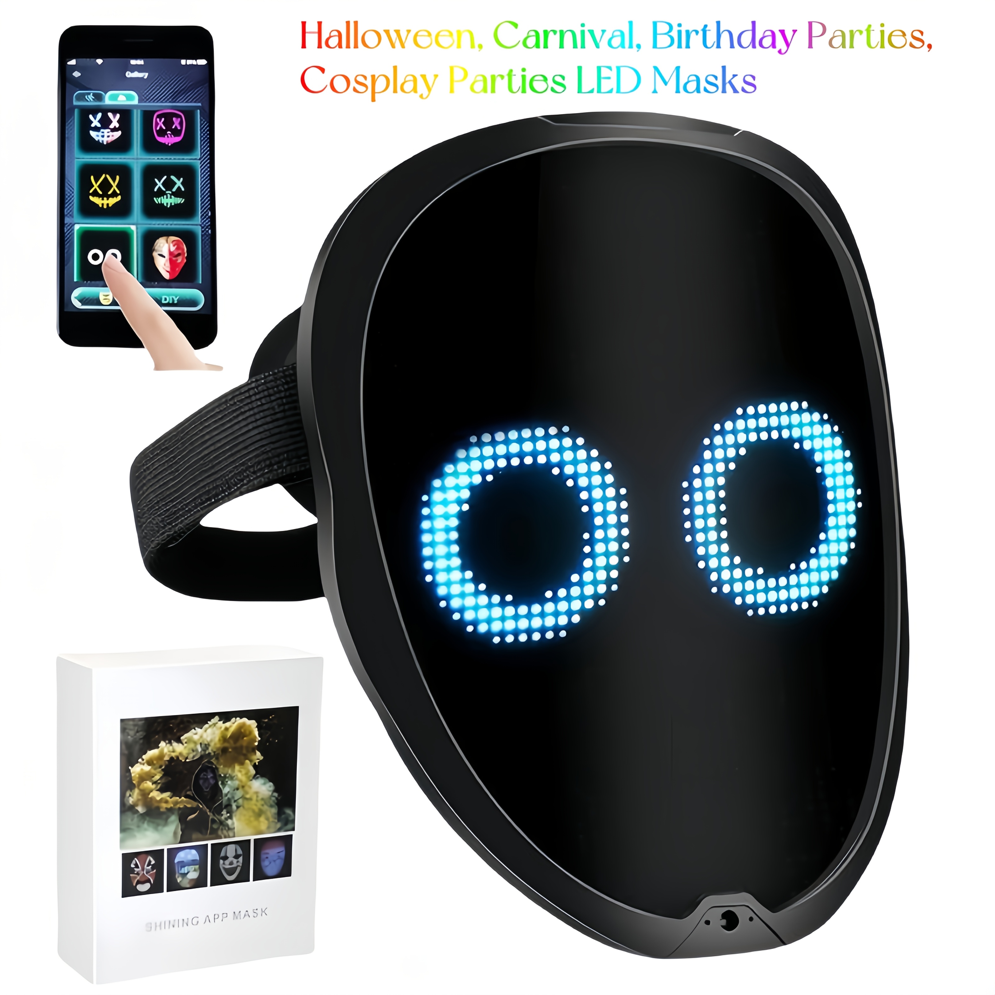Maska Luminosa LED Mejorada con Cambio de Cara y Control por Gestos - Edición de Imágenes DIY, 45 Modos Dinámicos y 70 Imágenes Estáticas, Perfecta para Halloween, Fiestas de Disfraces y Role-Playing