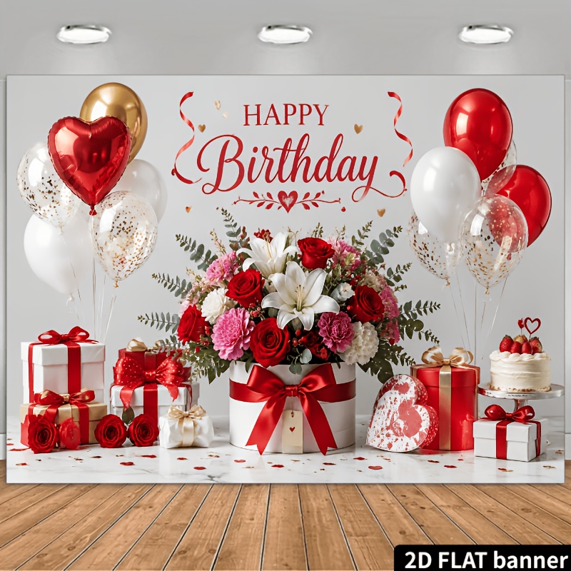TEMU 2d Flat, 2d Happy Birthday Themed Background, Featuring Red, White, And Golden Balloons, A Bouquet Gift Box, Birthday Cake Elements, And Red