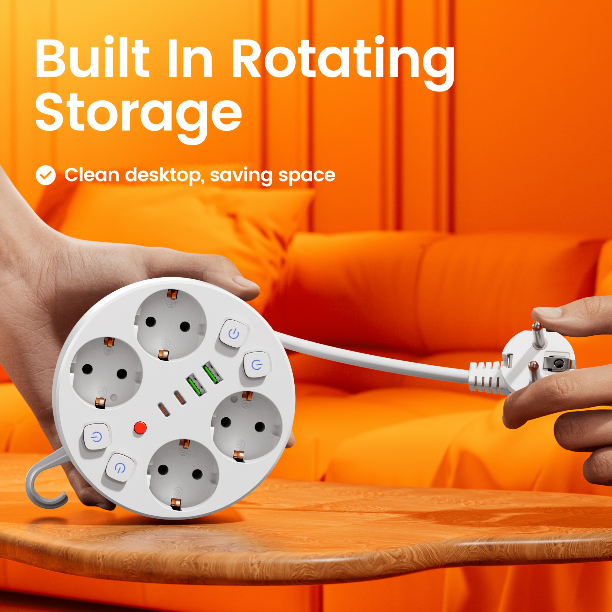 Image of [eu Extension Cord Power Strip] 5ft Retractable Design With | 4 Ac Outlets 2 Usb 2 Type-c Ports | For Home Office (2 Colors)