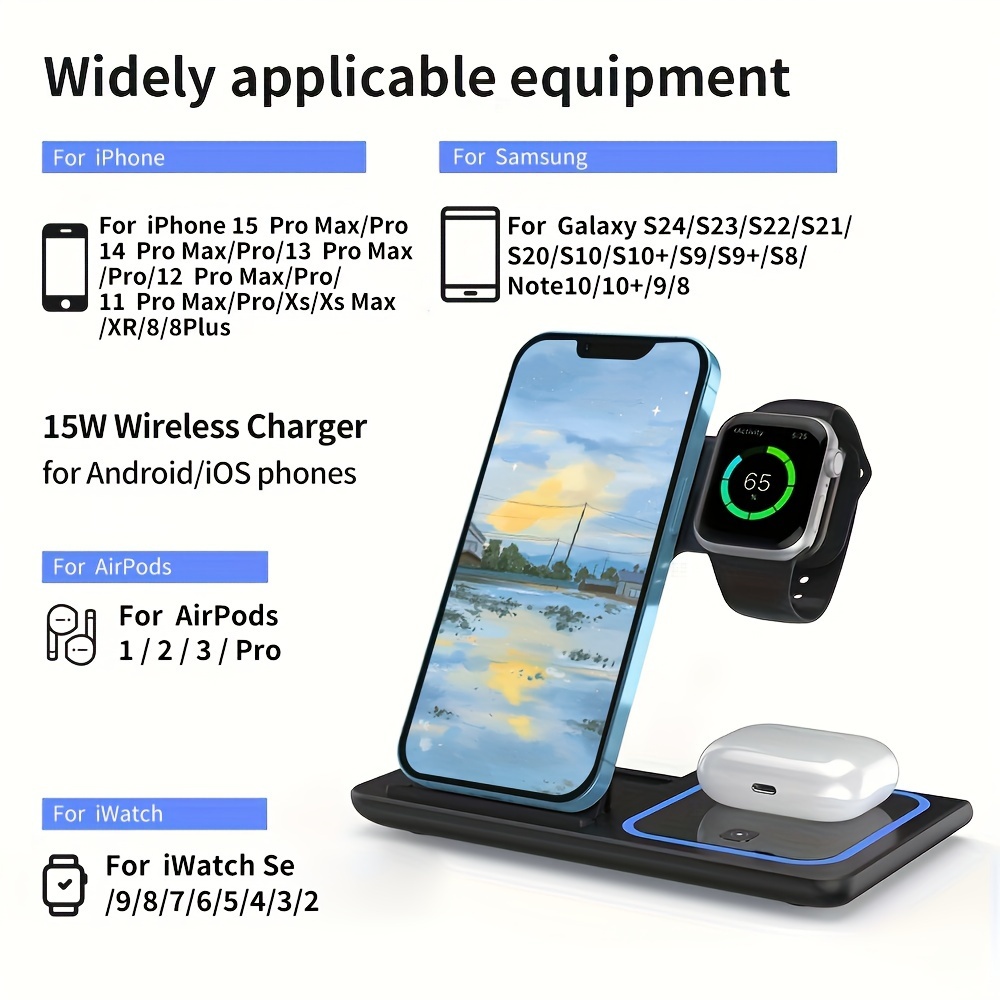 Wireless Charging Station 3 In 1 Standard 15W Fast Mag-Safe Charger Stand For IPhone16 15 14 13 12 11 X 8 Pro Max/Pro/Mini/Plus, IWatch Ultra 10/9/8 7/6/5/4/3/2 SE, AirPods 4/3/2/Pro/pro2 - Image 5