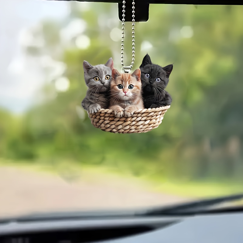 

playful Cat" Adorable Trio Of Kittens Acrylic Car Charm - 2d Rearview Mirror & Keychain Pendant, Perfect For Home Decor
