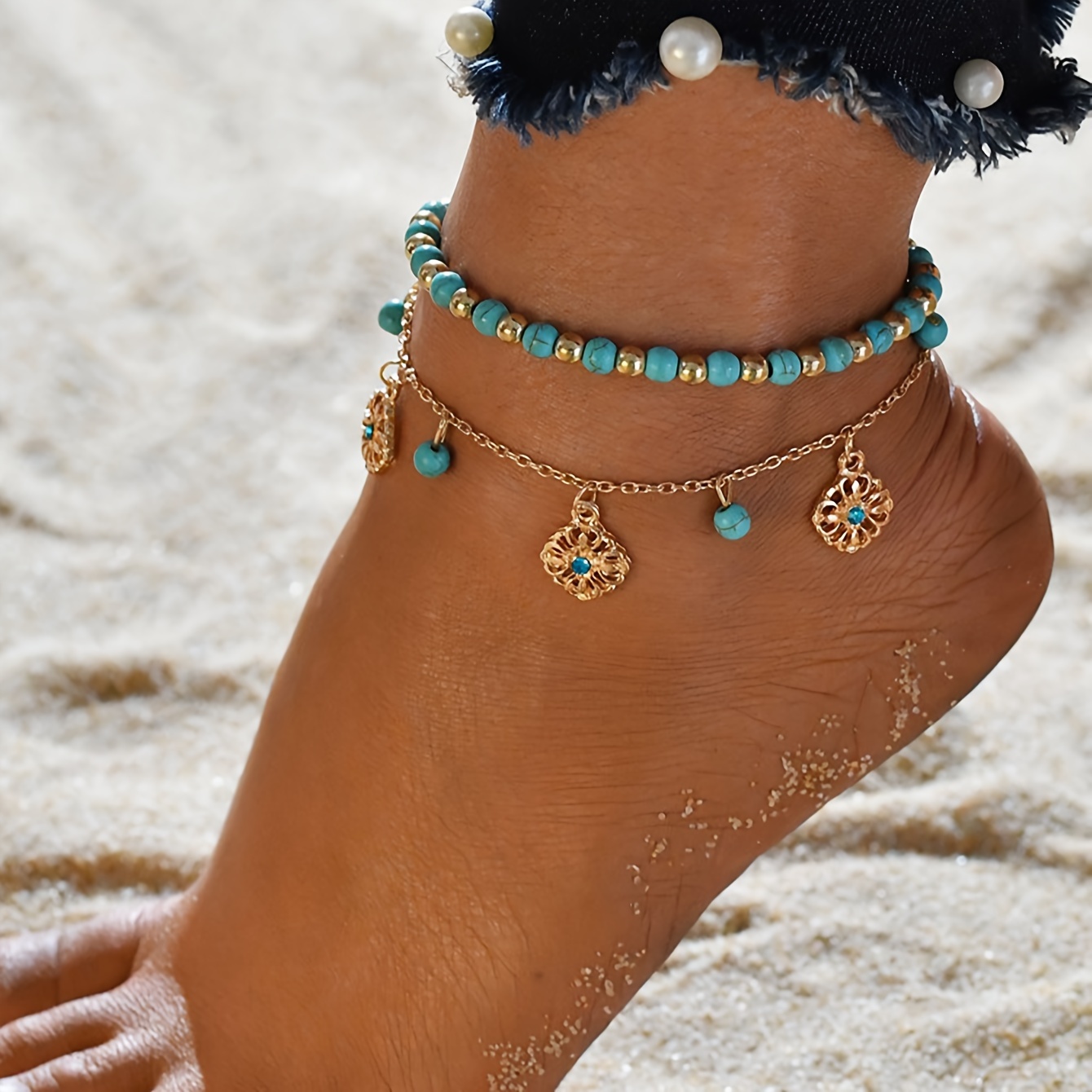 

2 Pcs Set Of Delicate Blue Rice Beads Flower Pendant Anklet Vintage Bohemian Style Trendy Female Summer Beach Foot Chain