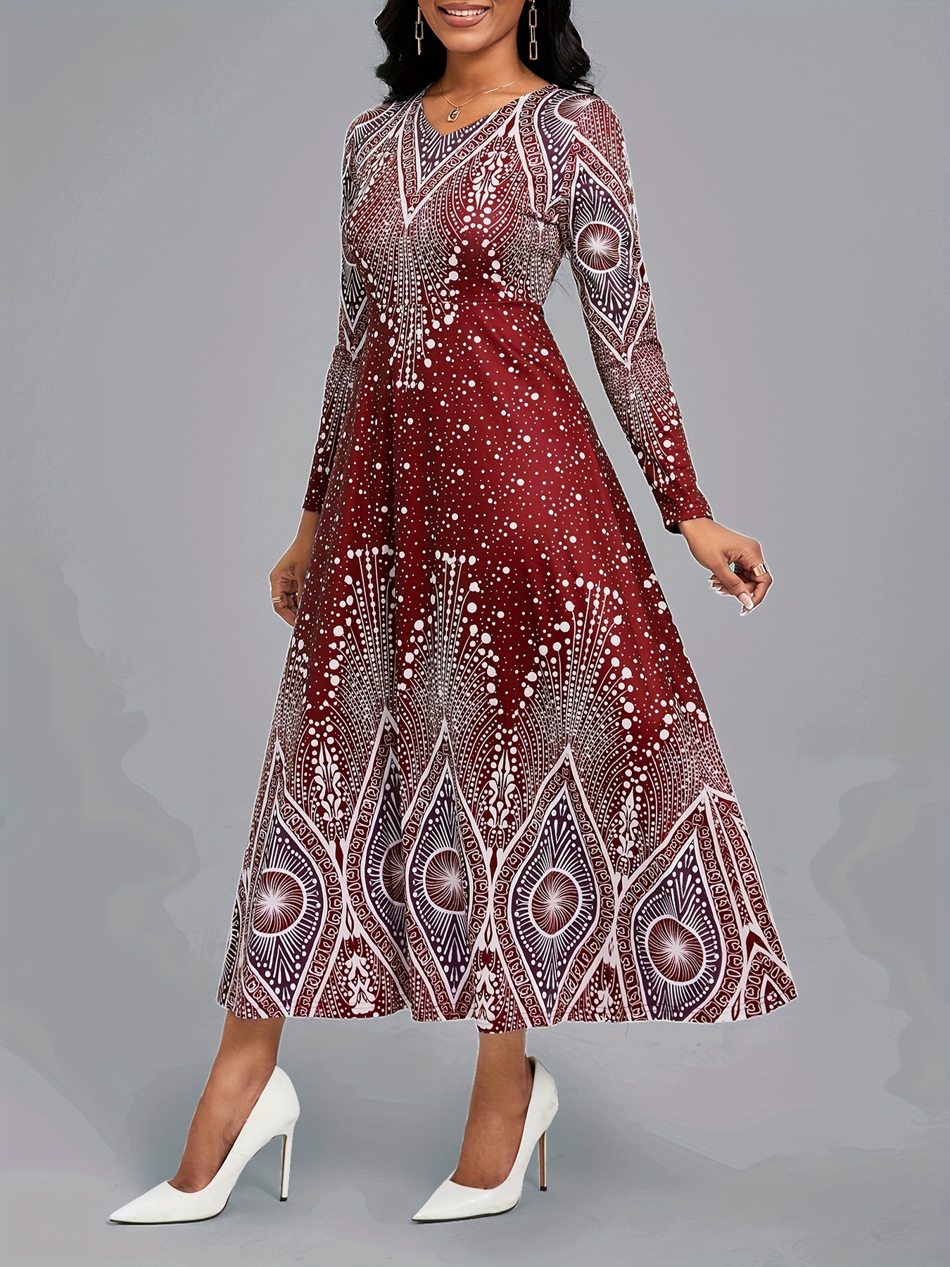 allover print long sleeve dress elegant vintage v neck dress - Temu