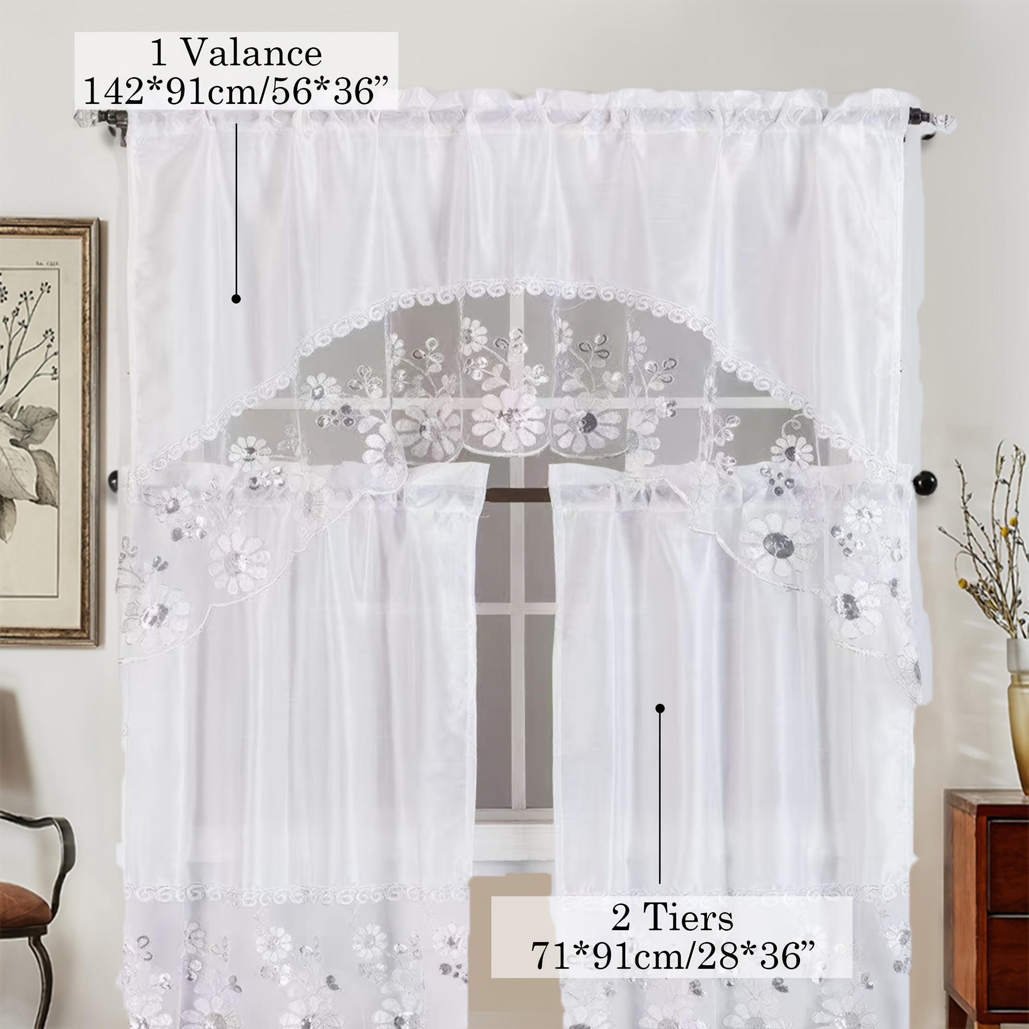 TEMU 3pcs Embroidery Kitchen Curtains Set Mesh Embroidery Exquisite Luxurious Embroidery Lightweight Soft Machine Washable Halloween Christmas Gifts For Family Local Warehouse Summer