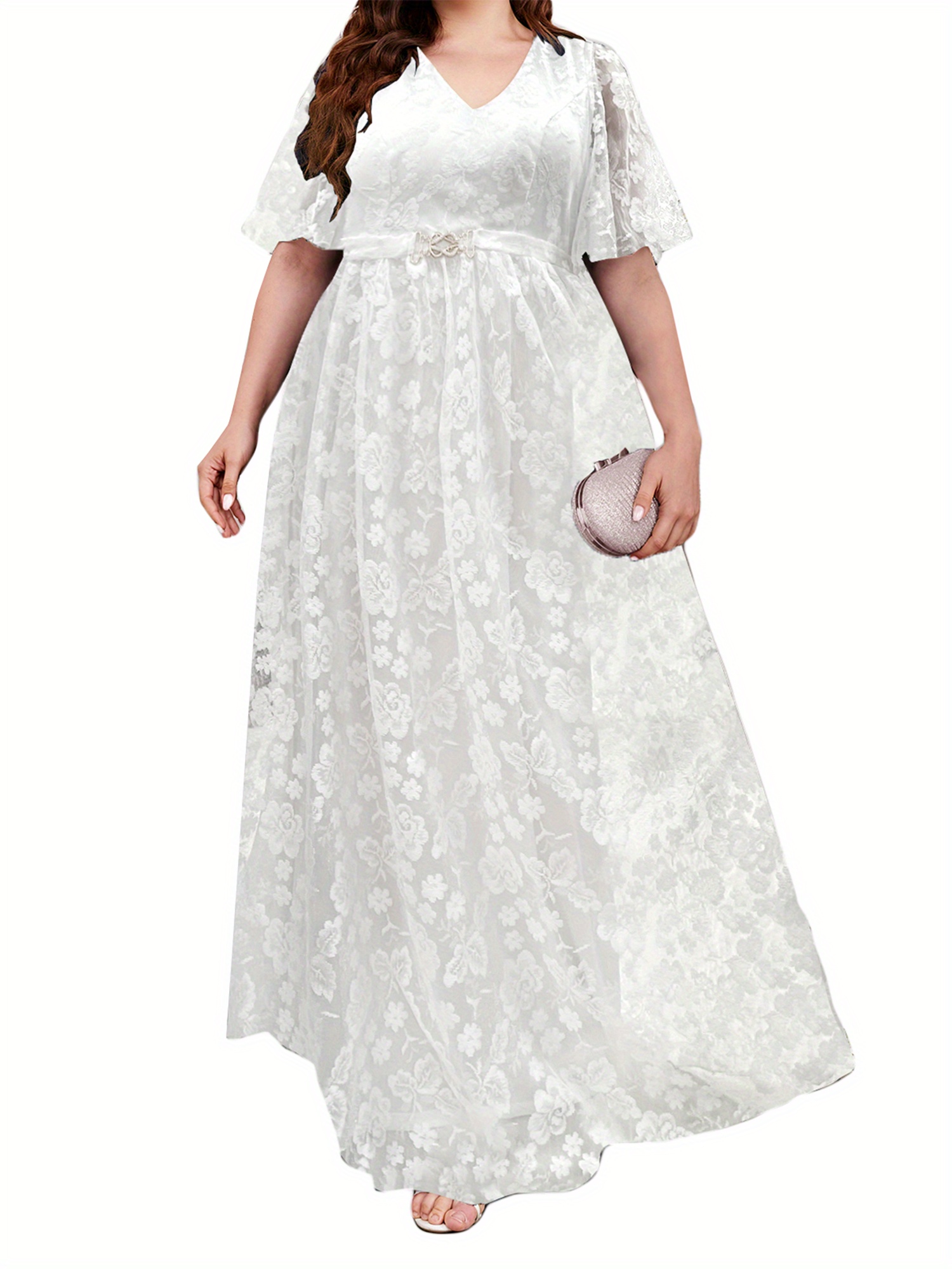 plus size womens elegant floral lace long dress v neck half - Temu