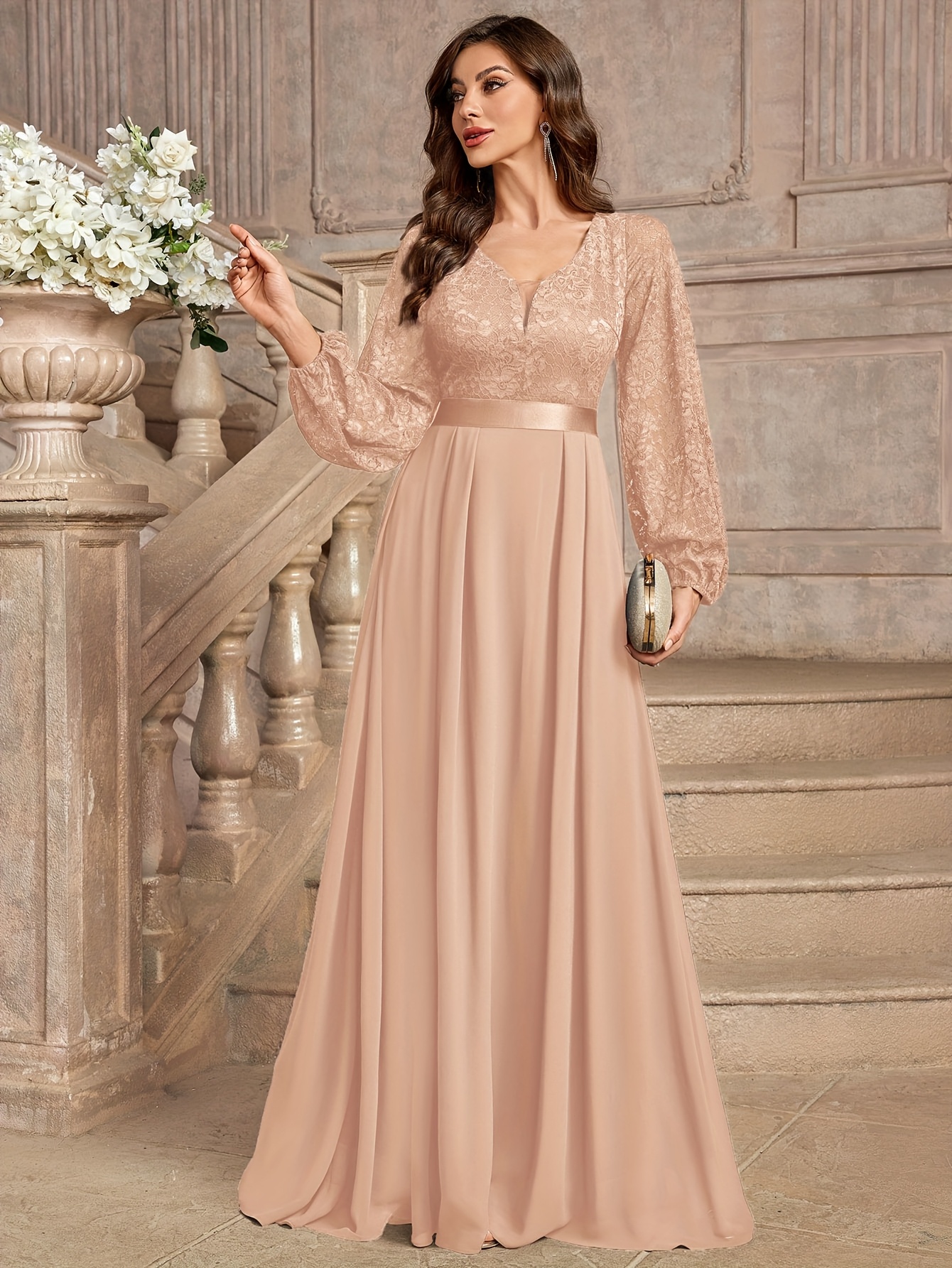 womens elegant v neck lace contrast chiffon lantern long - Temu