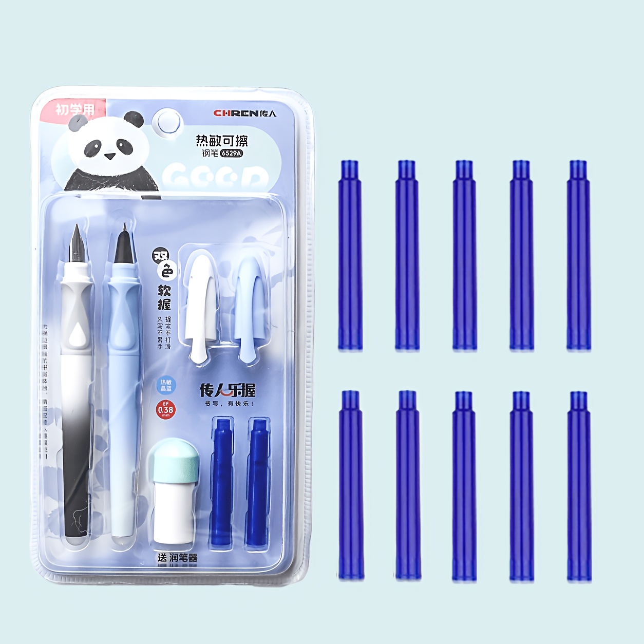 Image of 15pcs Panda Erasable Fountain Pen Mixed Set Ergonomic Grip No Bleed Ink Flow Ideal For Calligraphy Journaling Writing School Supplies Including 2pcs Pens+12pcs Inks+1pc Pen Nib Moisturizer