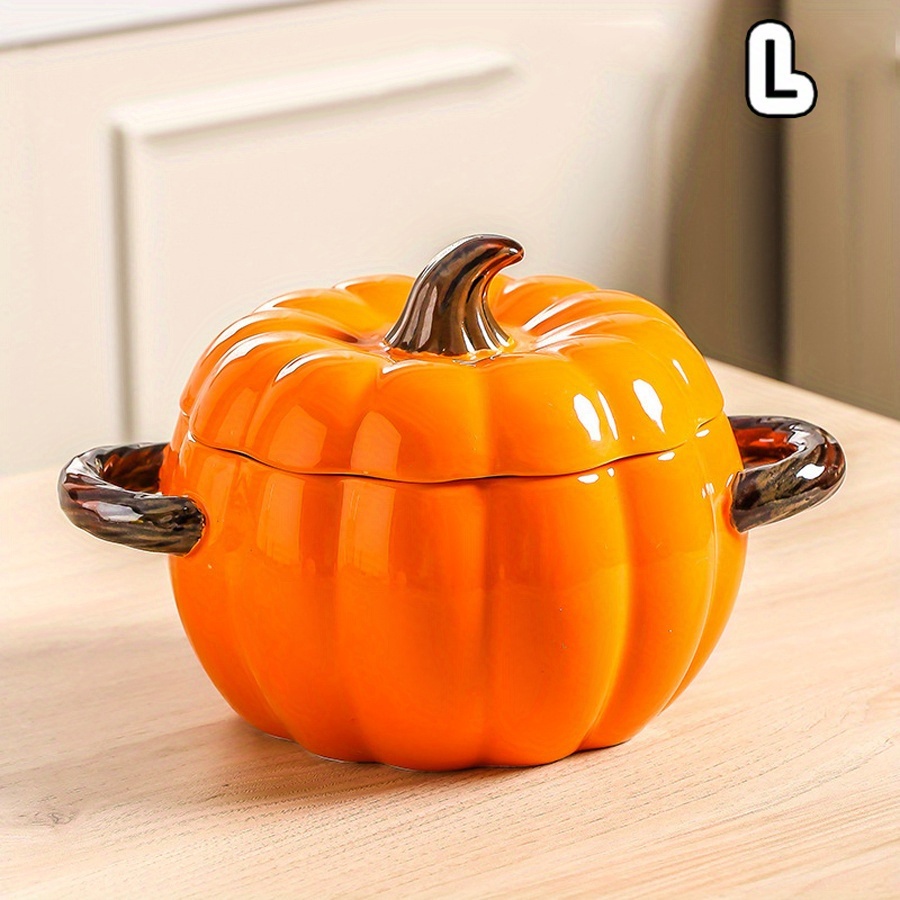 1pc Ceramic Pumpkin Bowls With Lid And Handles, Fall Cute Orange Pumpkin Shape Soup Serving Pot Pottery Container Jar For Candy Cookie, Halloween Thanksgiving Fall Decor And Gift (400/800/1700ml)