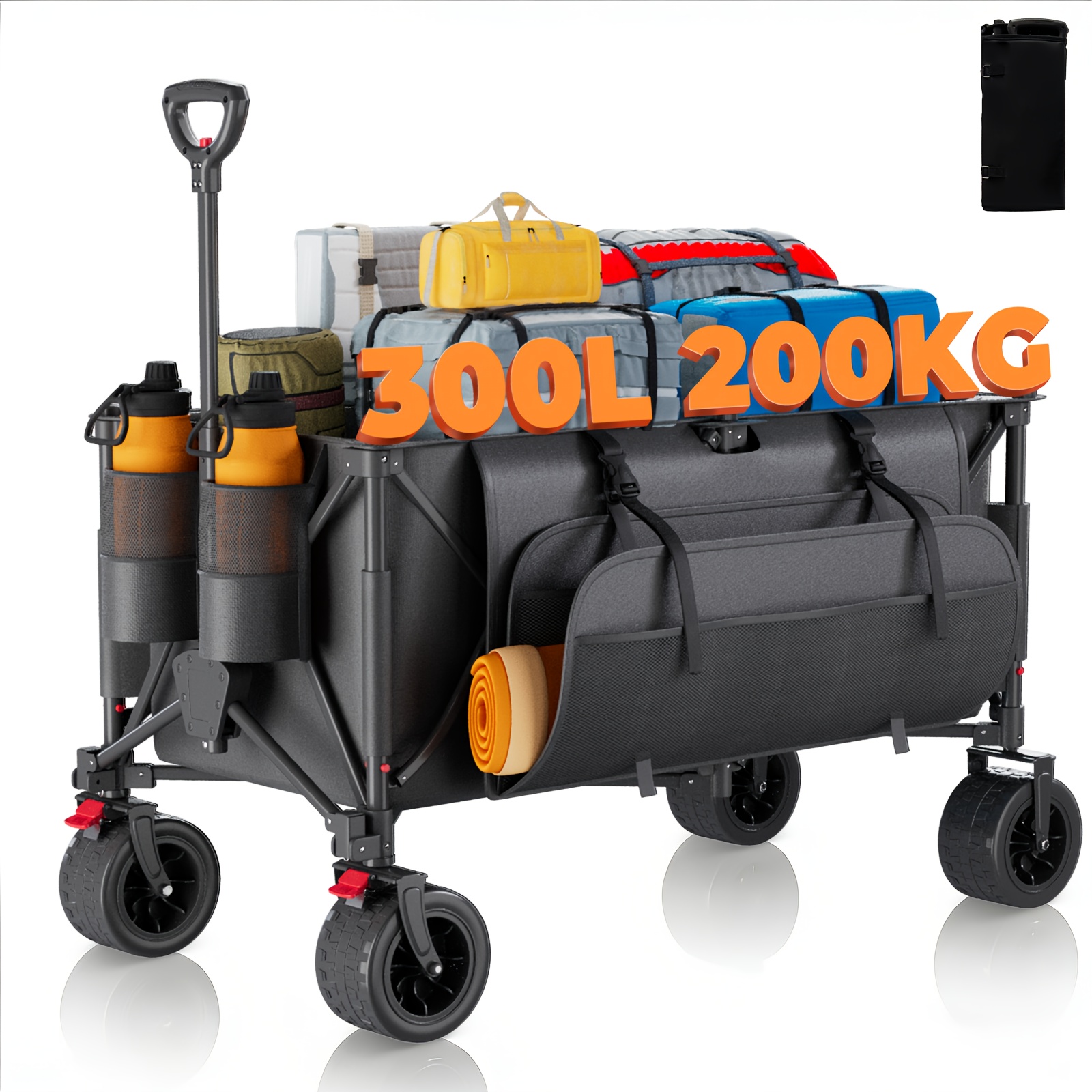 Image of 300l Heavy-duty Folding Wagon, Gs-certified Professional Cart, 17cm Pu Wheels With Brakes, Dark Grey Jet Blackdurable Canvas, Collapsible For Construction Sites/ Camping, Professional Cart
