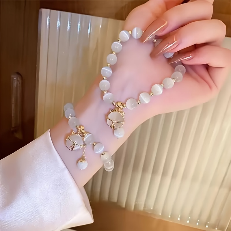 

1pc Cute Lucky Cat Charm Beaded Bracelet For Girls, Elegant Beaded Jewelry
