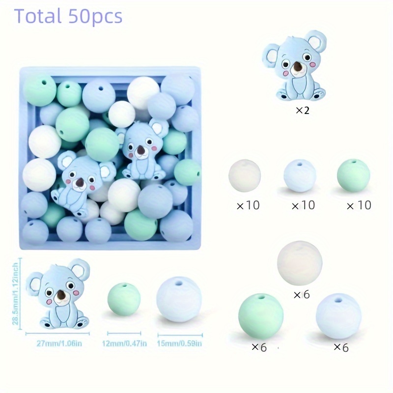 TEMU 50pcs Silicone Beads, 12mm/15mm Round Bead Set With Koala Design, Assorted Colors Loose Beads For Making, Bracelets, Necklaces, And Lanyard