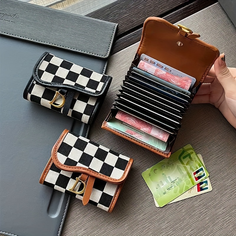 

Women' Checkered Wallet With D Letter, Elegant Multi-card Holder, , Faux Leather, Snap Closure, Polyester , Flap Pocket, No Print, , Colors