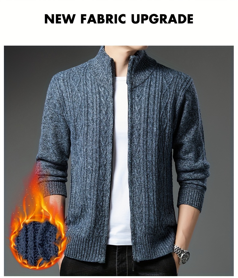 Men's Warm Cable-Knit Sweater Jacket - Winter Business Casual Coat with Stand Collar, Machine Washable Sweater for Office, Gym & Daily Wear - Cable-Knit Front Panel (No Belt Required) - Autumn/Winter