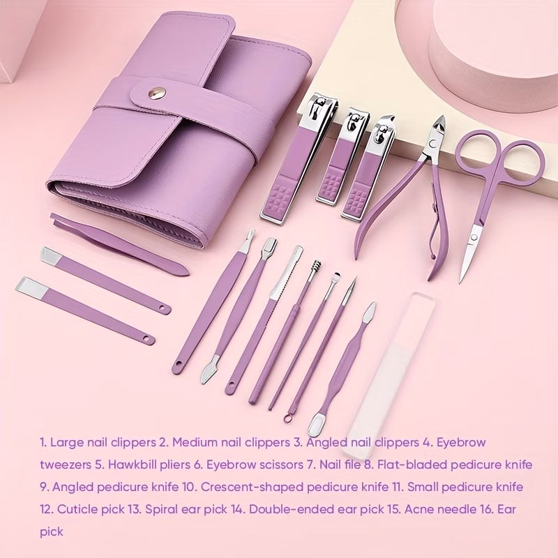 12 16pcs professional nail care kit with stainless steel tools nail clipper care tool purple travel case complete manicure and pedicure set portable durable nail tech supplies portable nail clippers cutter kit Product details 0