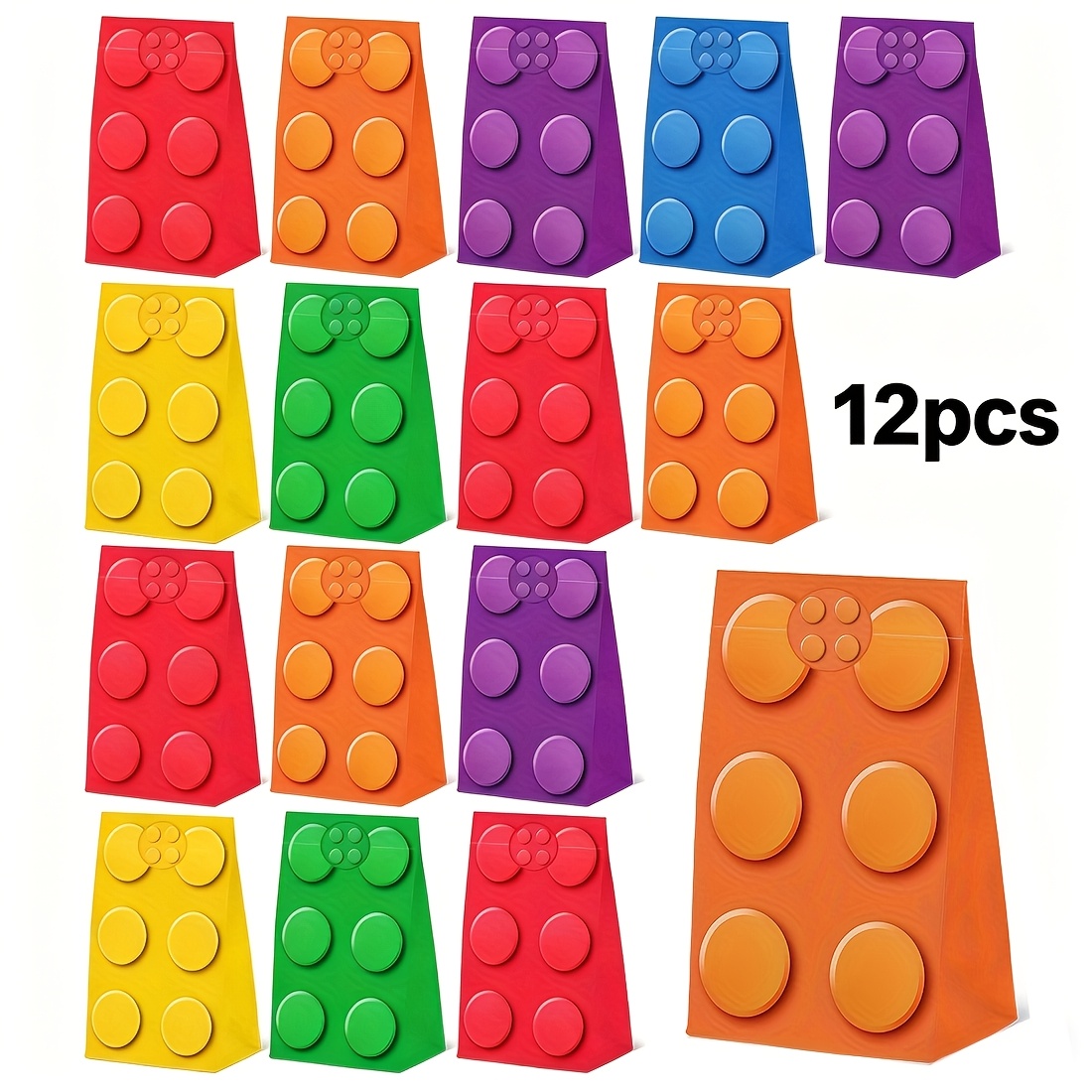 Image of 12pcs Colorful Building Block Theme Party Paper Bags With Stickers, Building Decorations Paper Bag For Birthday Party Supplies