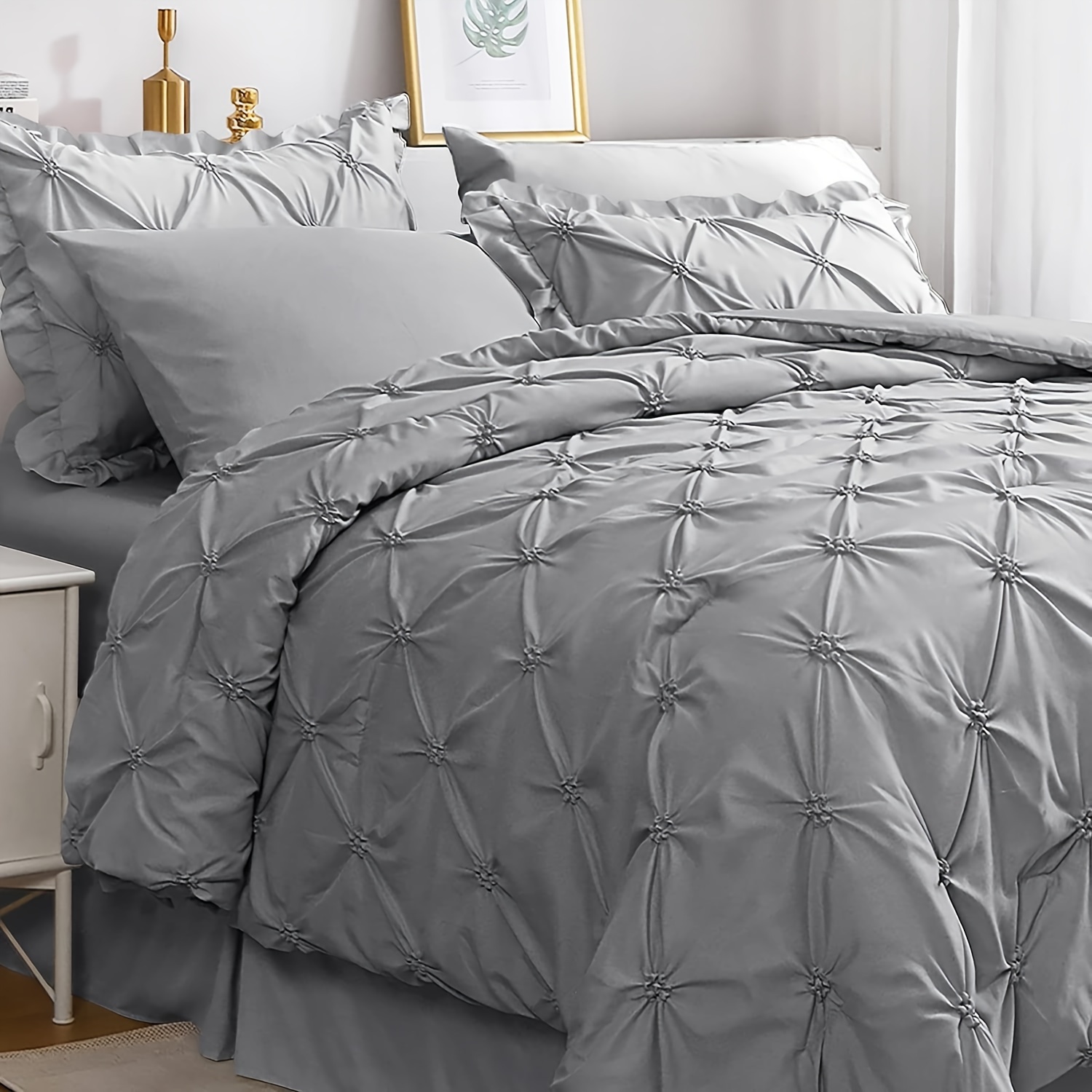 

Queen/king Size Comforter Set 7 Pieces, Pintuck Light Gray Bed In A Bag Comforter Set For Bedroom, Beddding Sets With Comforter, Sheets, Shams & Pillowcases
