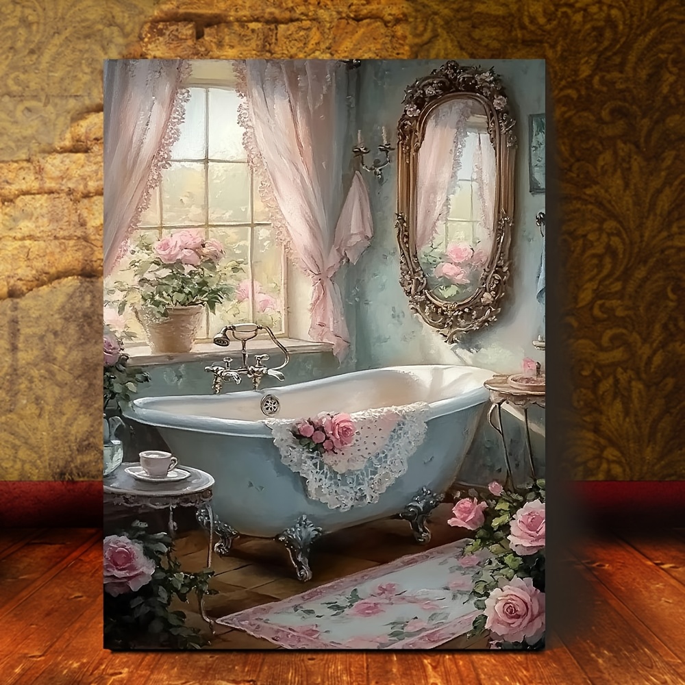 

Room Decor 1pc Romantic Bathroom With Roses Canvas Art Print, 11.8x15.7 Inches, Wooden Wall Decor, Decoration For Living Room And Bedroom, Ideal Holiday Gift