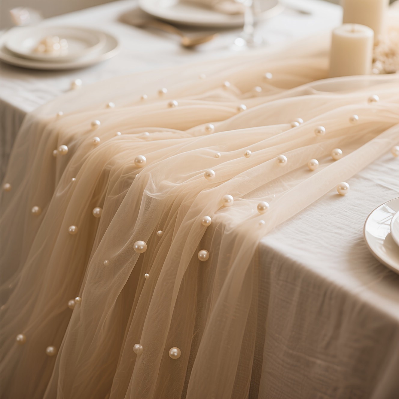 Image of 2pcs Pearl Lace Sheer Table Runner, Veil & Background Curtain - Rectangular Wedding, Decor Suitable For Dessert Tables, Christmas - Machine-made Fabric (table + Face Veil + Backdrop)