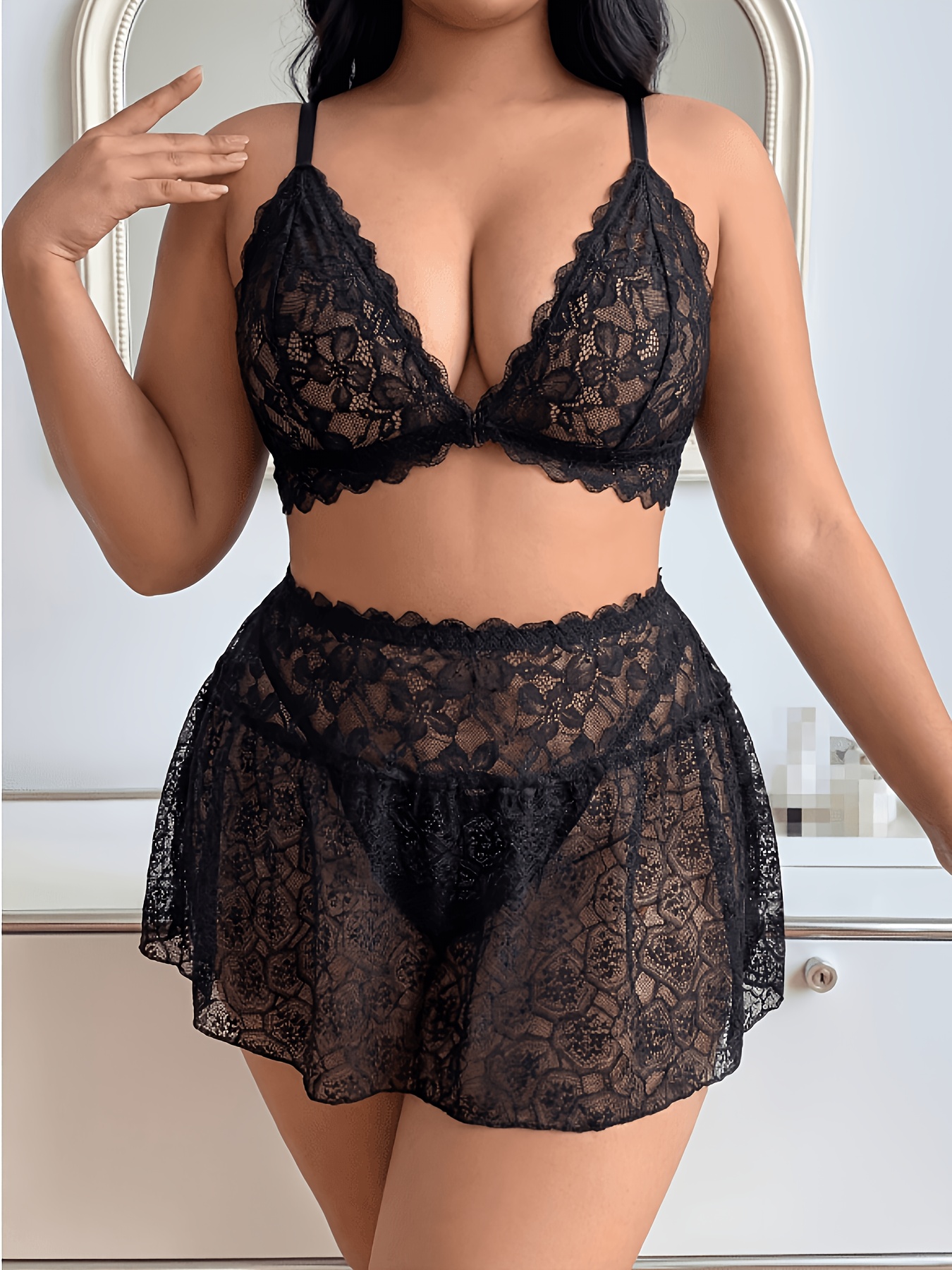 3pcs Plus Size Black Lace Babydoll Bralette