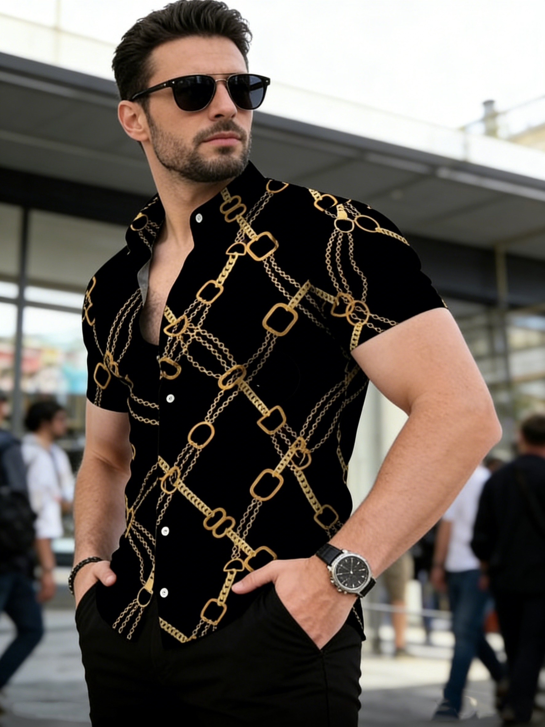 Men Short Sleeve Shirt with Black and Print, New Summer Style, Fashionable Casual Shirt for Streetwear