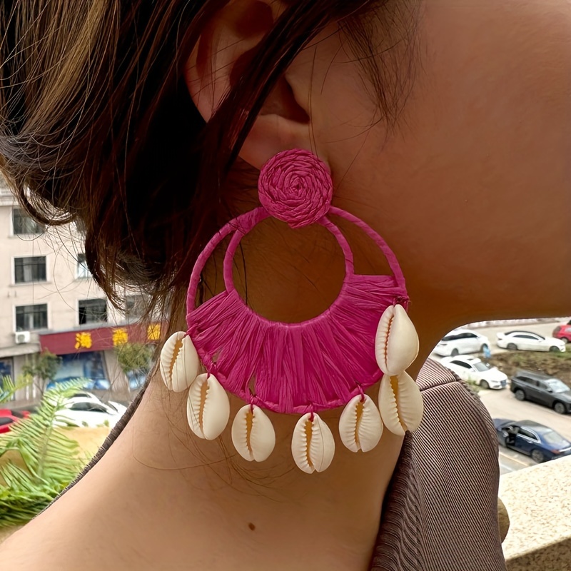 

1 Pair Of Handmade Statement Earrings Raffia Hollow Circle & Shell Tassel Design Pick A Color U Prefer Spring Summer Jewelry