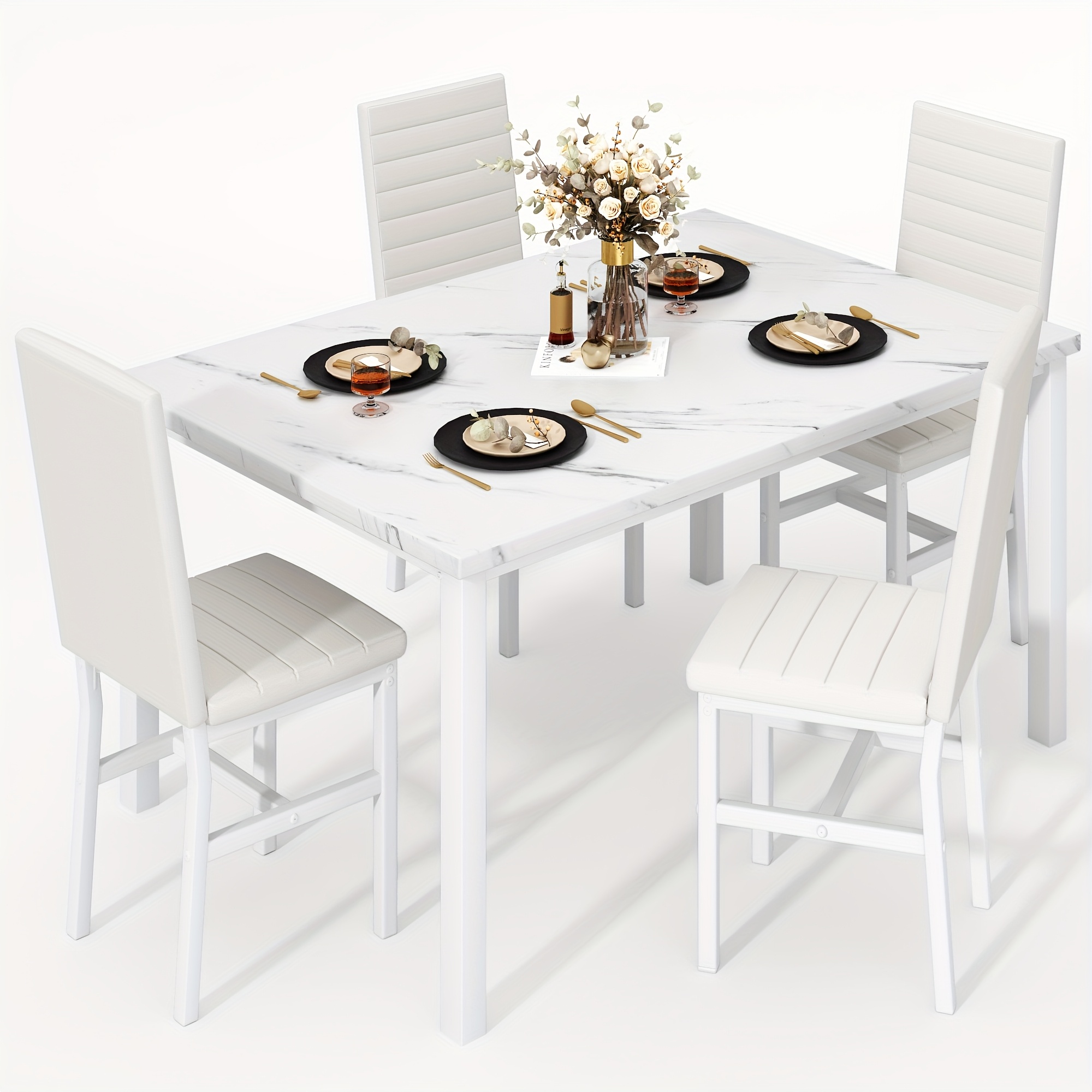 TEMU Lamerge 5pcs Dining Table And Chair Set, A Set Containing 4 Backrest Chairs, A Marble Dining Table, Metal-framed Kitchen And Dining Room Set,