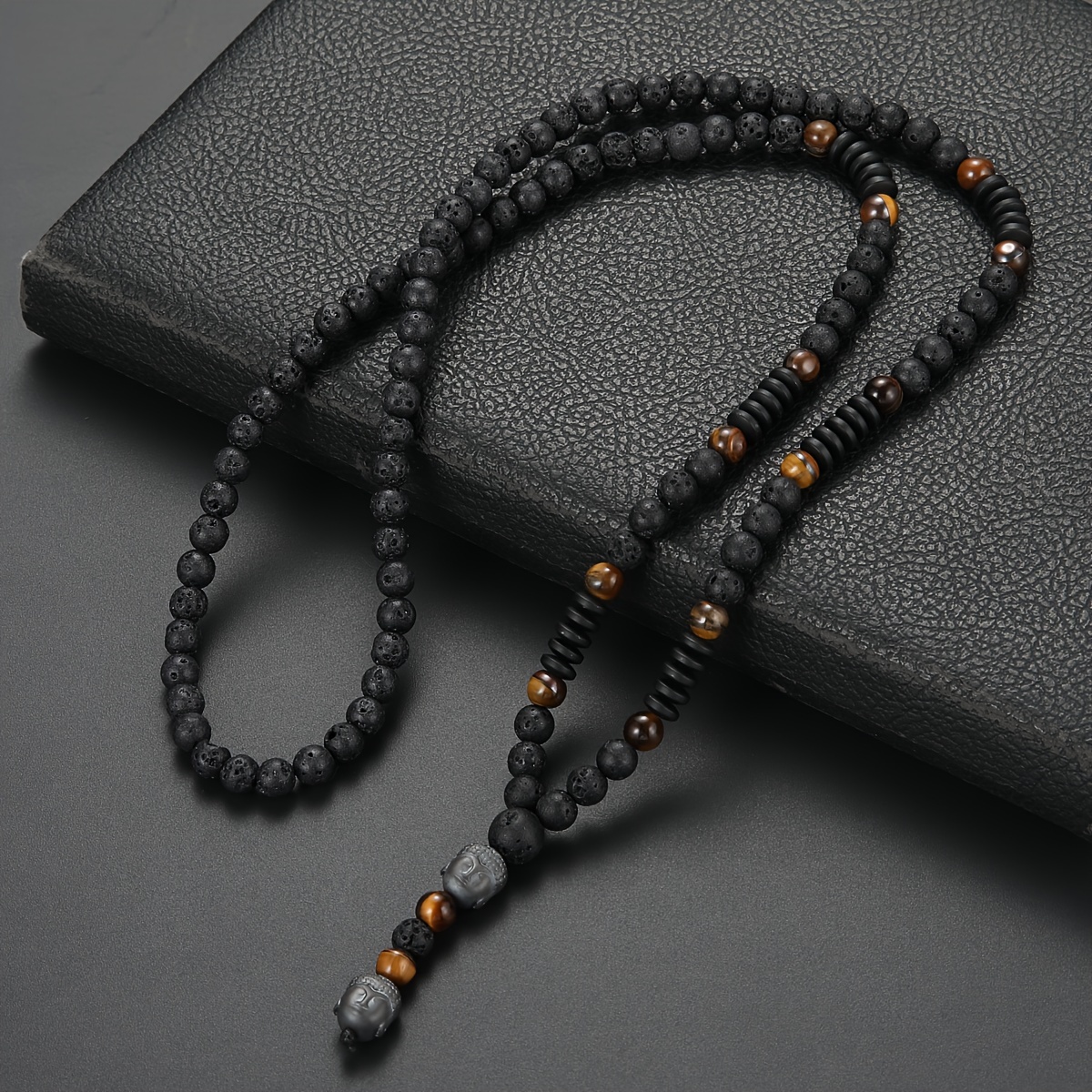 

Collier de perles en pierre naturelle unisexe, collier avec pendentif tête de Bouddha, cadeau pour la fête des pères