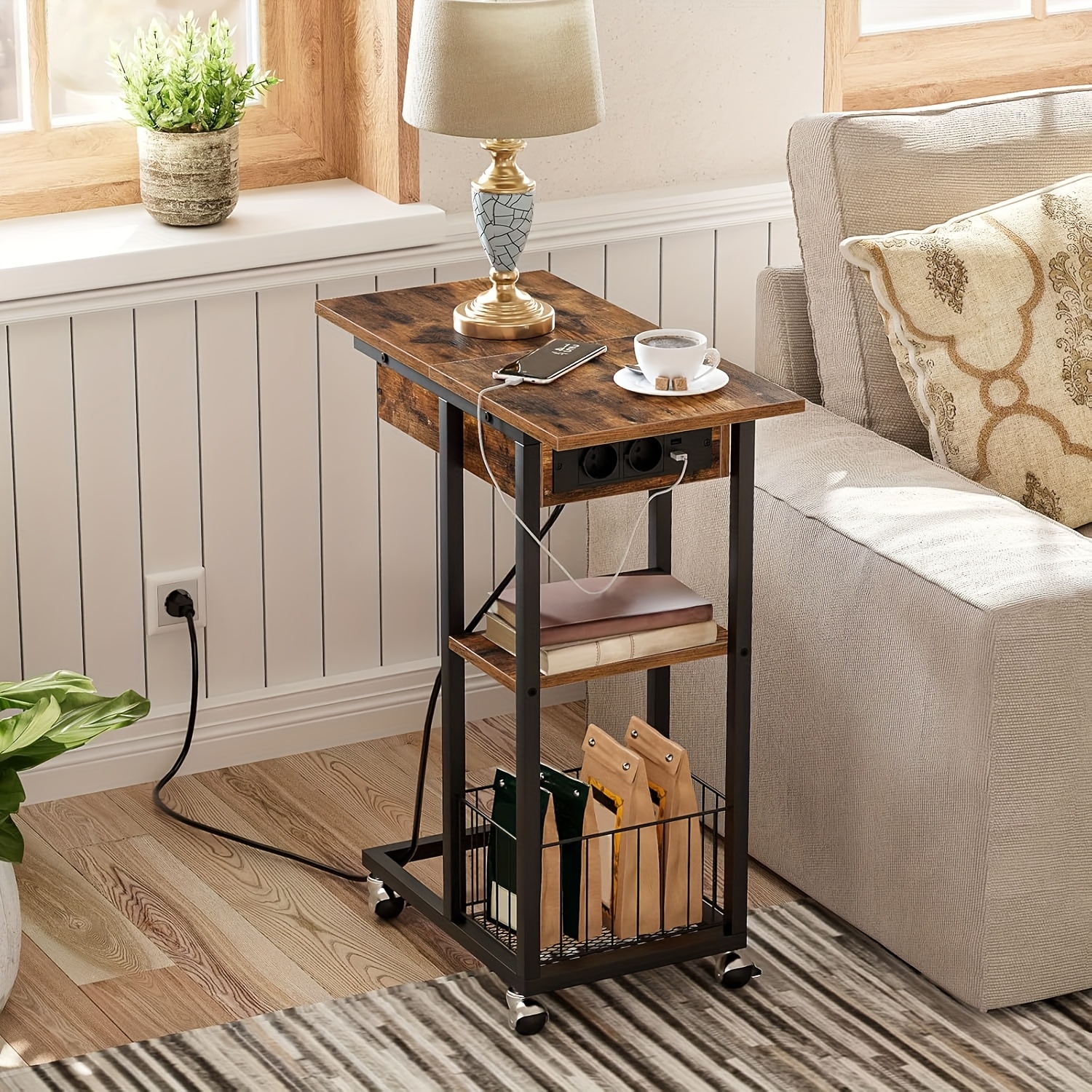 side table with charging station flip over c shaped sofa table coffee table with wheels and storage   room bedroom nightstand dark brown 0