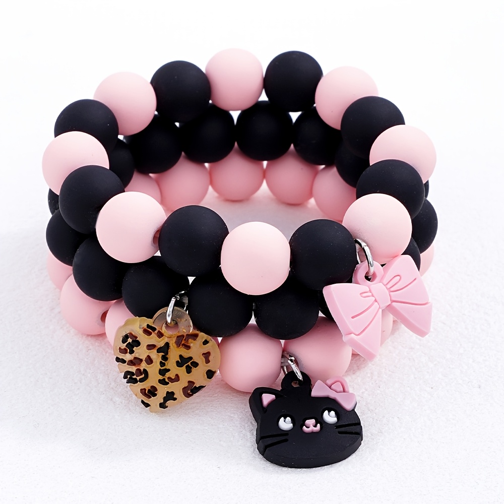 TEMU 3 pezzi Braccialetti elastici per bambini con ciondoli in acrilico a forma di cuore e per gatto, set di braccialetti per sorelle e , aggiunte di