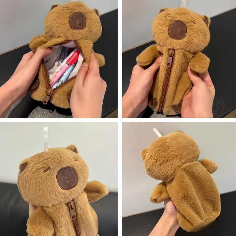 

Cute Capybara Plush Pencil Case With Acrylic Charm - Large, Canvas Zippered Organizer For School & Office Supplies, Dustproof And Stain-resistant