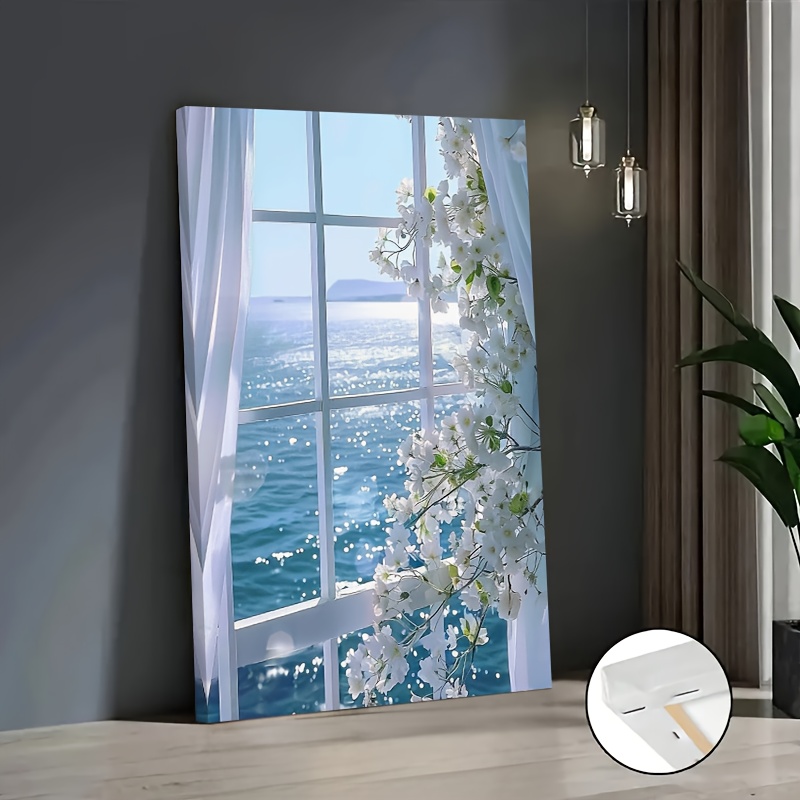 TEMU 2d Flat, 2d Flat, 2d Flat An Exquisite 2d Canvas Artwork Window & Sea Blossoms, With Oil Paints, Suitable For Posters And Wall Decor, Ideal For