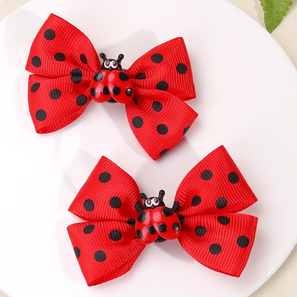 

2-pack Cute Ladybug Cartoon Bow Hair Clips - Polyester Alligator Barrettes For Teens, Ribbon Hair Accessories With Detail, Ideal For Over 15 Years Old