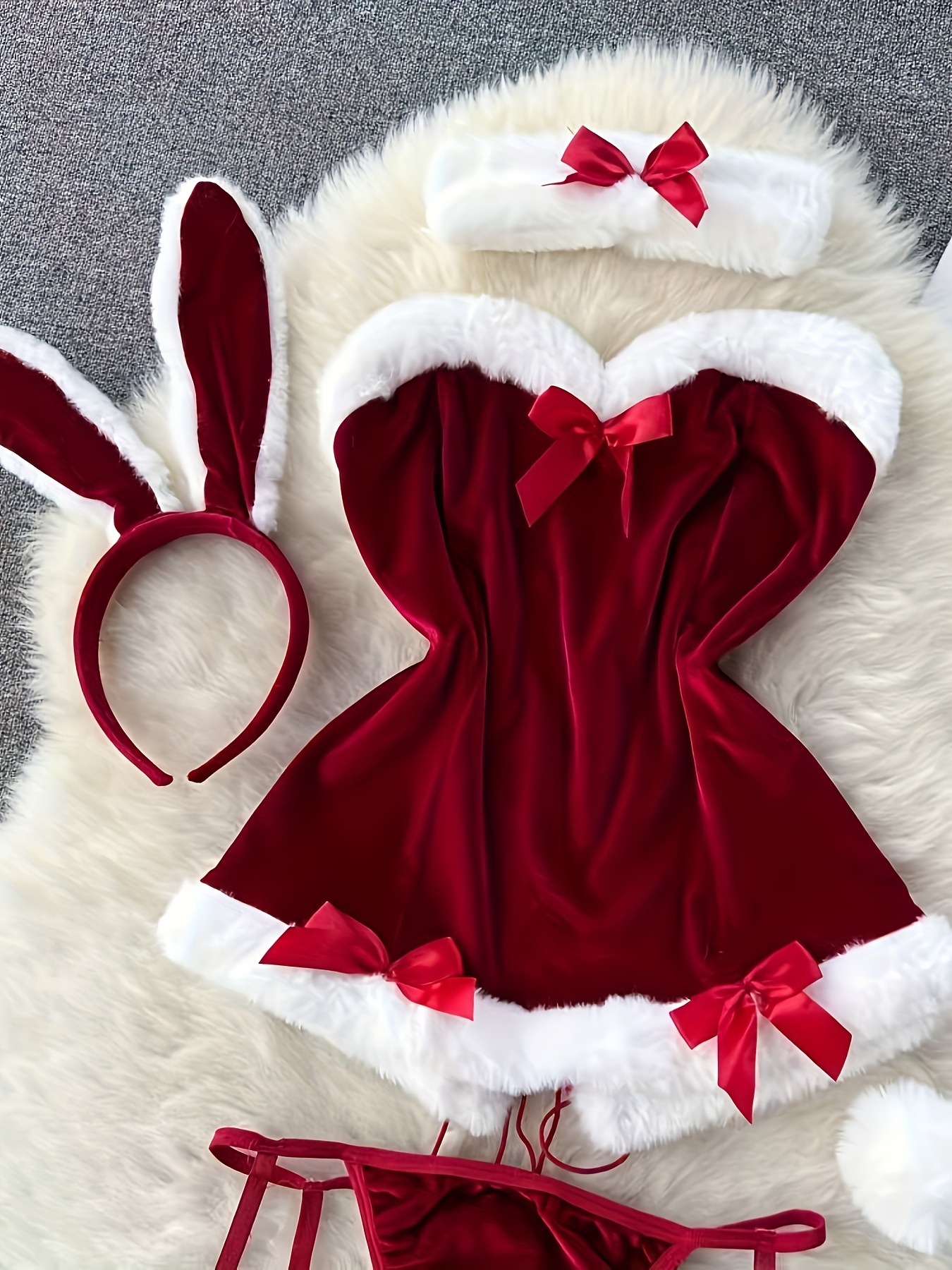 Women's Sexy Naughty Santa Cosplay Costume - Festive Christmas Lingerie Set with Raw Edges, Bow Detail And Stretch Fabric - Includes Dress, Thong, Headband And Choker