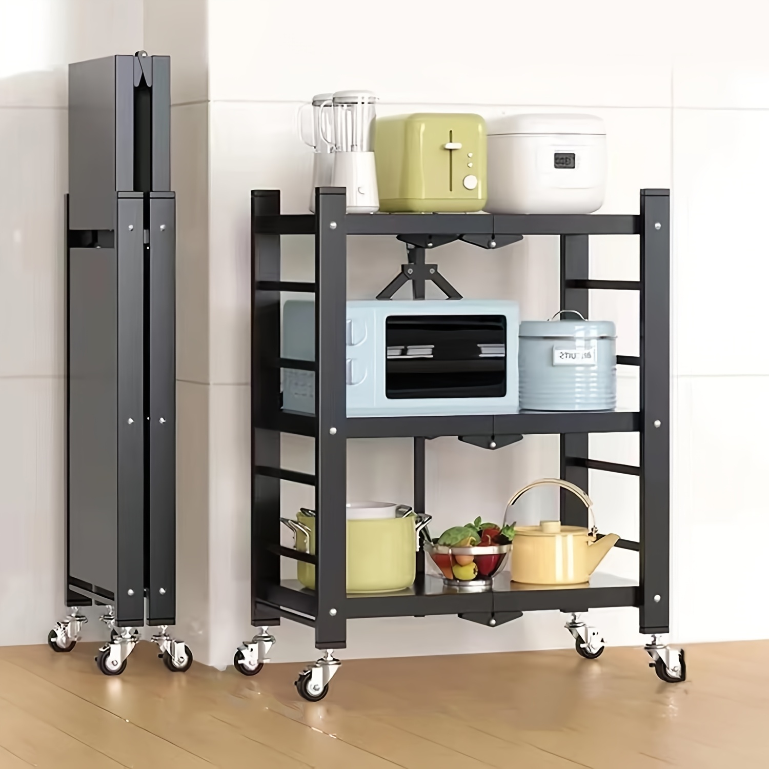 TEMU 3 Tiers Free Installation Kitchen Organizer, Floor-standing Storage Rack With Swivel Wheels For Heavy Pots And Cookware, Suitable For Kitchen