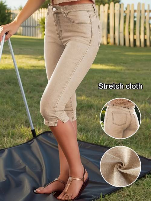 womens 2026 new stretchy fit khaki capri jeans washed solid color skinny cropped denim pants with pockets jeggings for spring and summer elegant ladies clothing high waist tummy control pantalones casual pants fit for travel and work